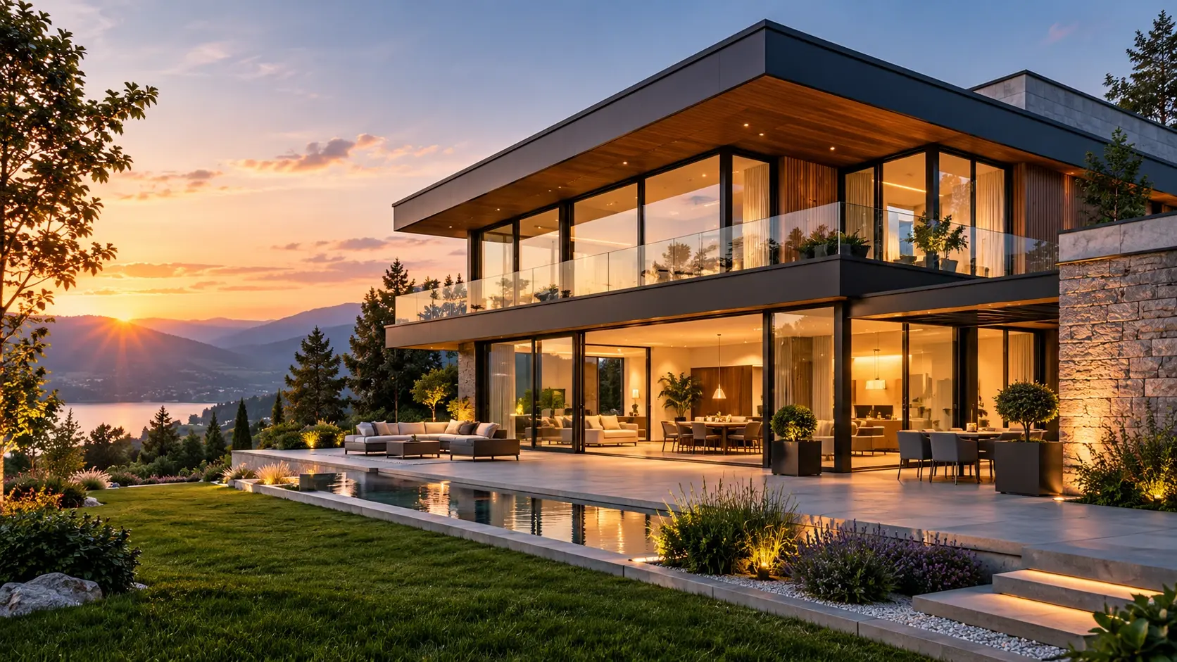 Modernes Wohnhaus mit bodentiefen Panoramafenstern und anthrazitfarbenen Rahmen