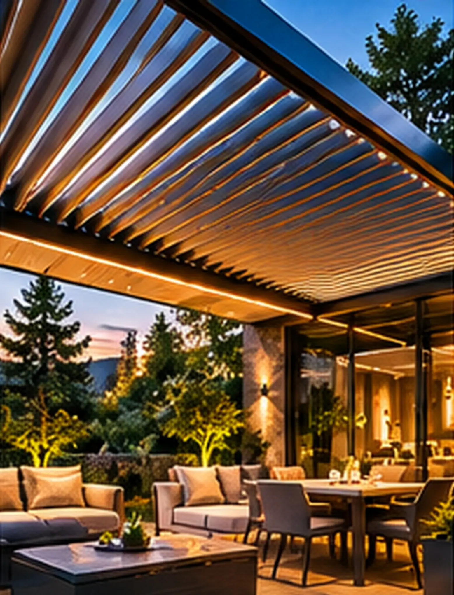 Aluminiumpergola mit geöffneten Dachlamellen über einer Sitzterrasse
