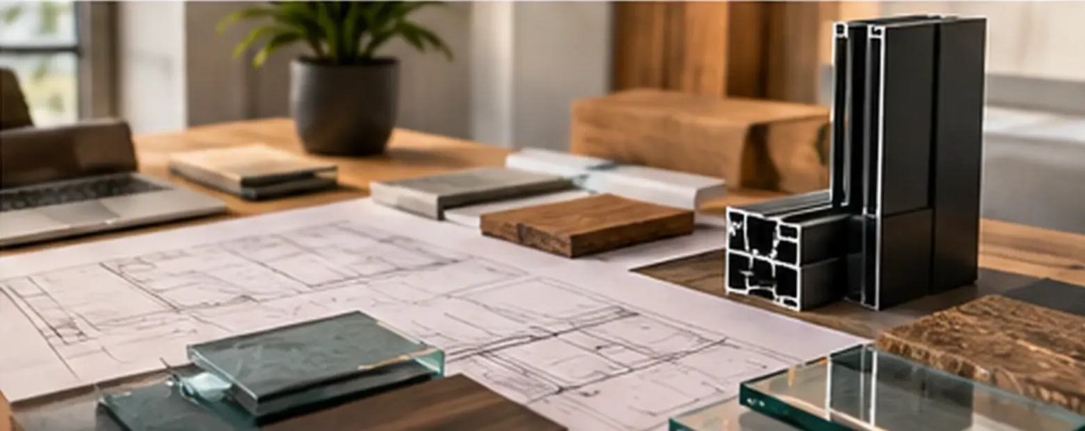 Architekturpläne und Aluminiumprofil-Muster auf einem Beratungstisch