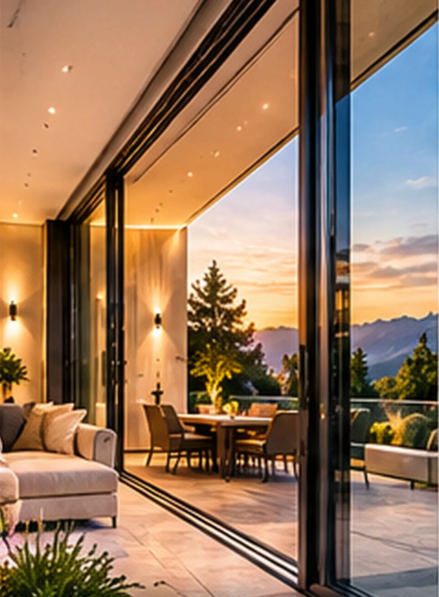 Geöffnetes Glasschiebetürsystem mit Bodenschiene und Übergang zur Terrasse