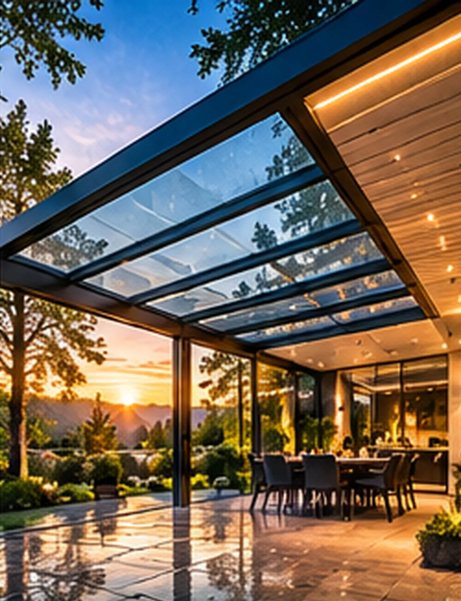 Glasüberdachung mit Aluminiumkonstruktion über einer Terrasse
