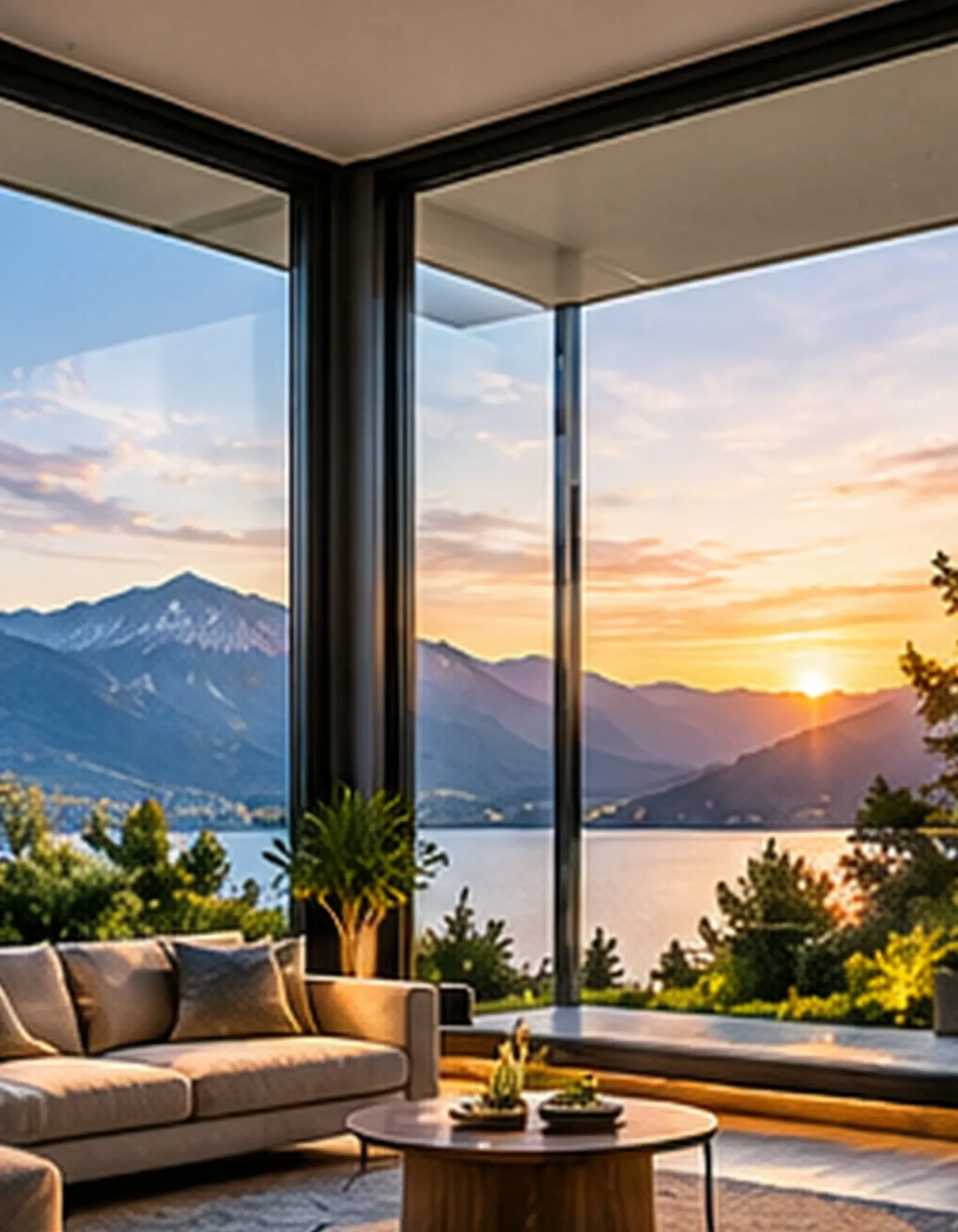 Panoramafenster über Eck mit Blick aus einem hellen Wohnraum